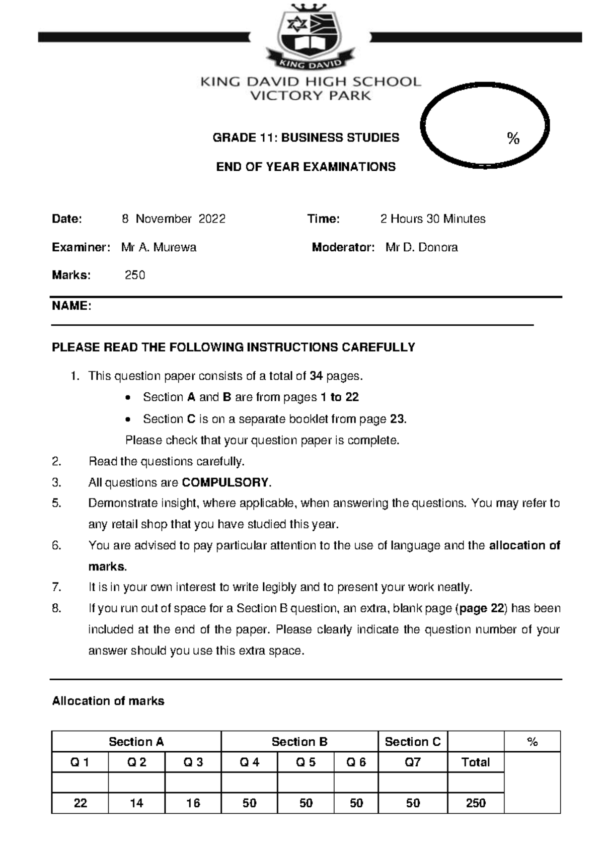 Grade 11 Business Studies Nov 2022 End of Year Exam Paper - Studocu