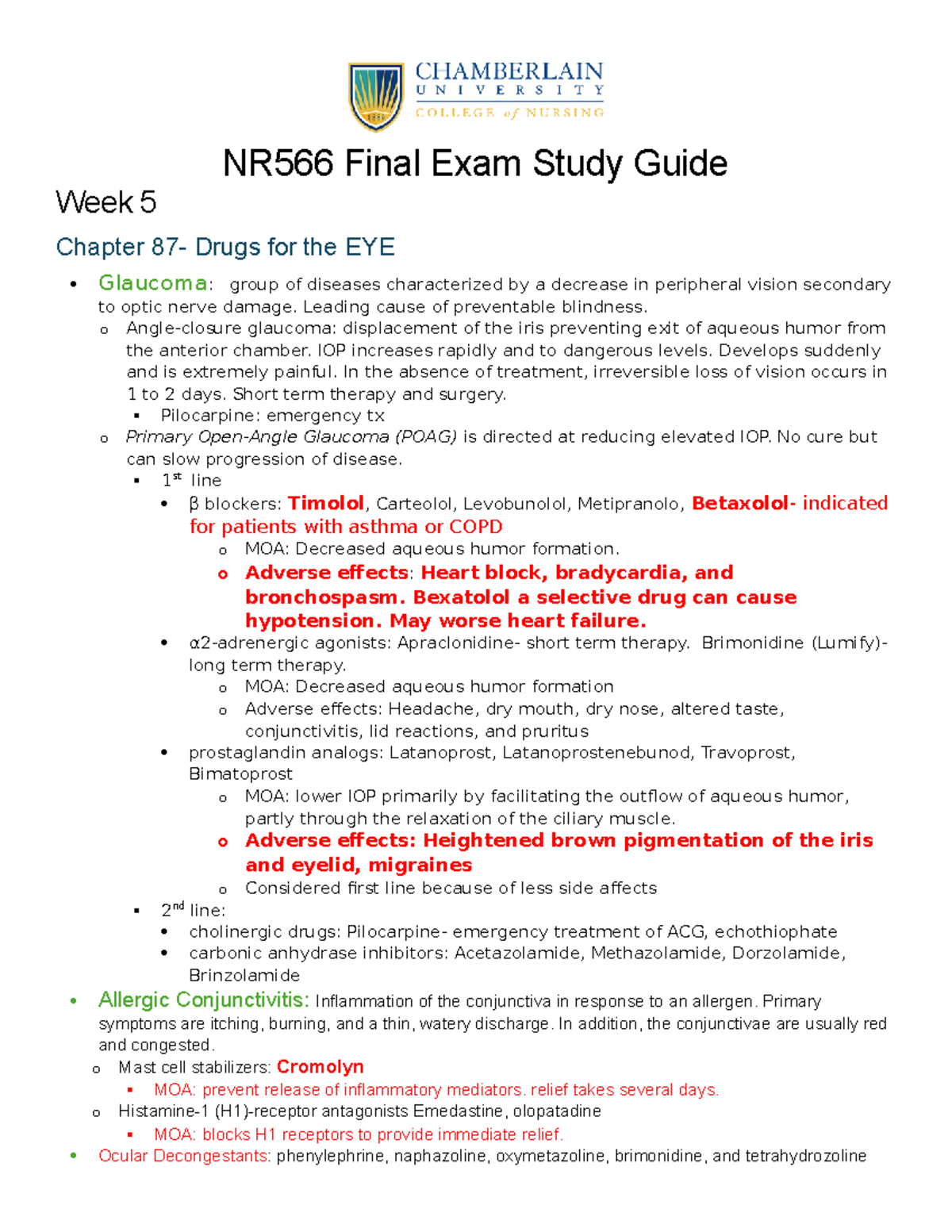 NR566 Final Exam Comprehensive Study Guide for Pharmacology - Studocu