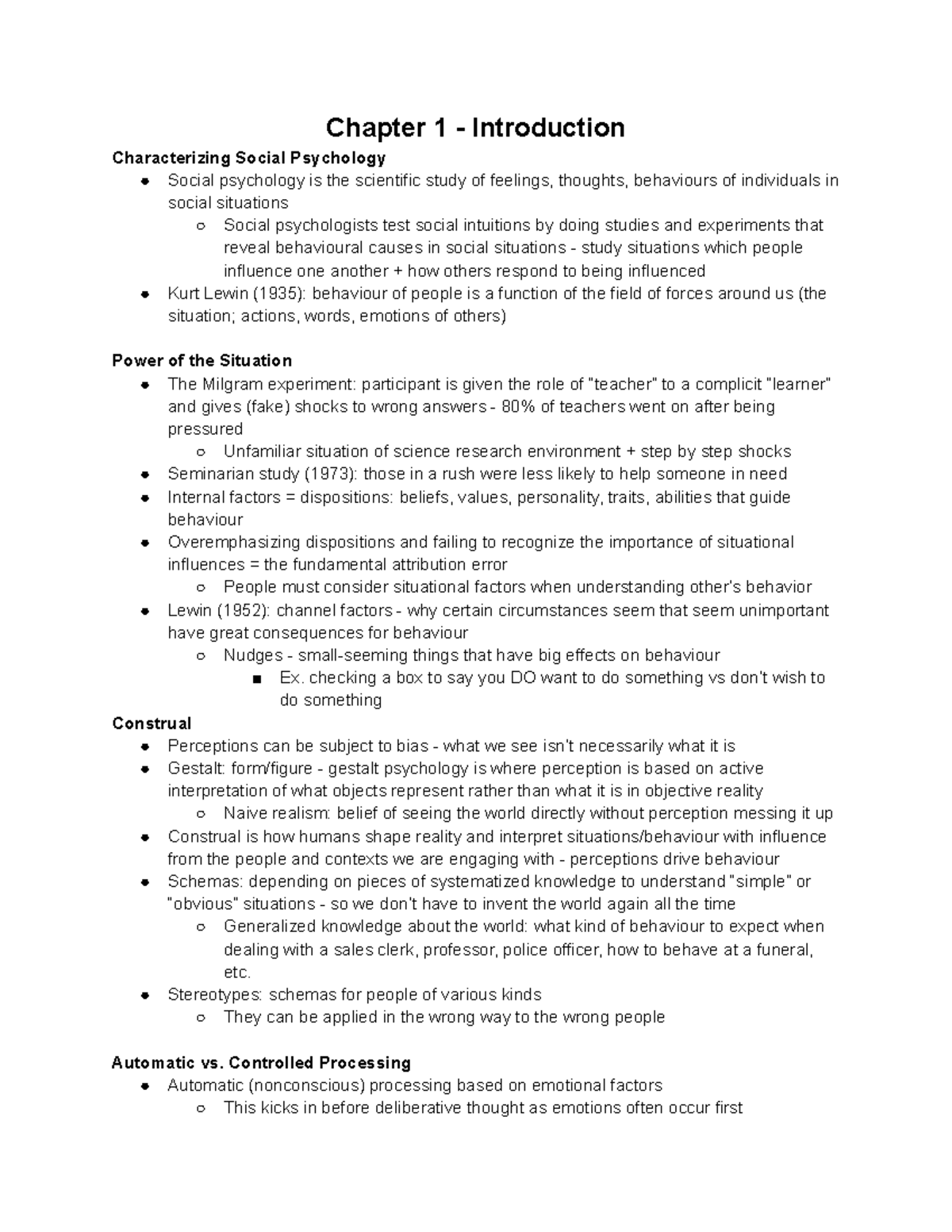 Psych 215 Chapter 1: Introduction to Social Psychology Concepts - Studocu