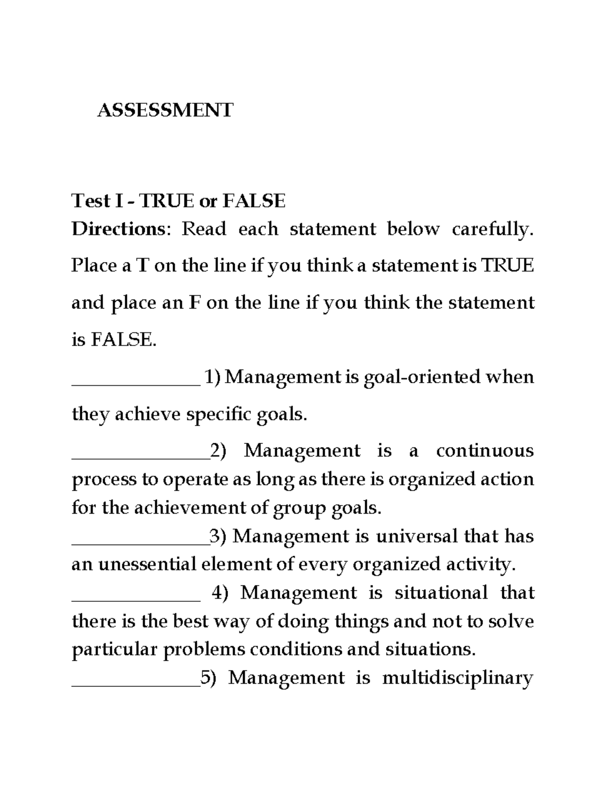 Management Theory Assessment - True/False & Short Answer Questions ...