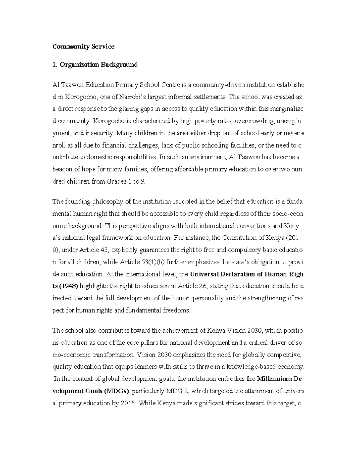 Final Project Report: Community Service at Al Taawon School - Studocu
