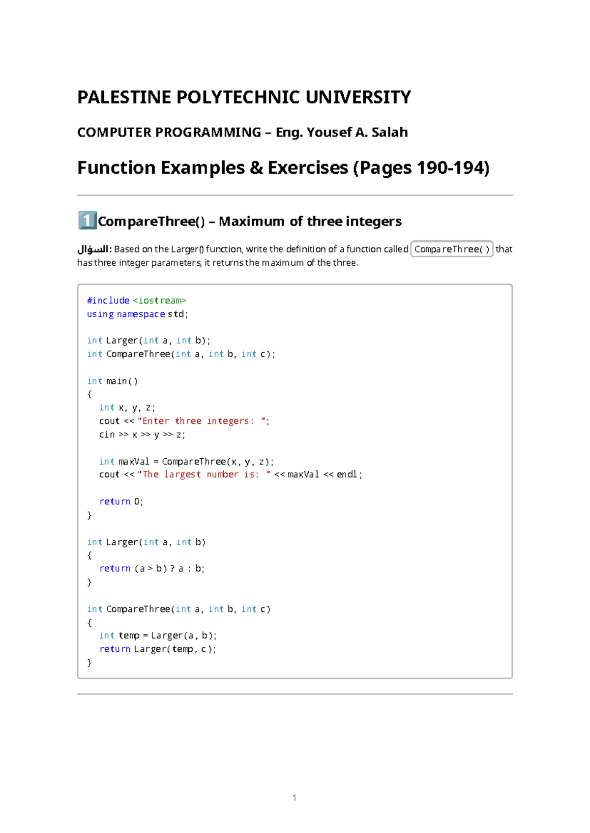 Cpp Functions Solutions: Eng. Yousef A. Salah Exercises on Function ...