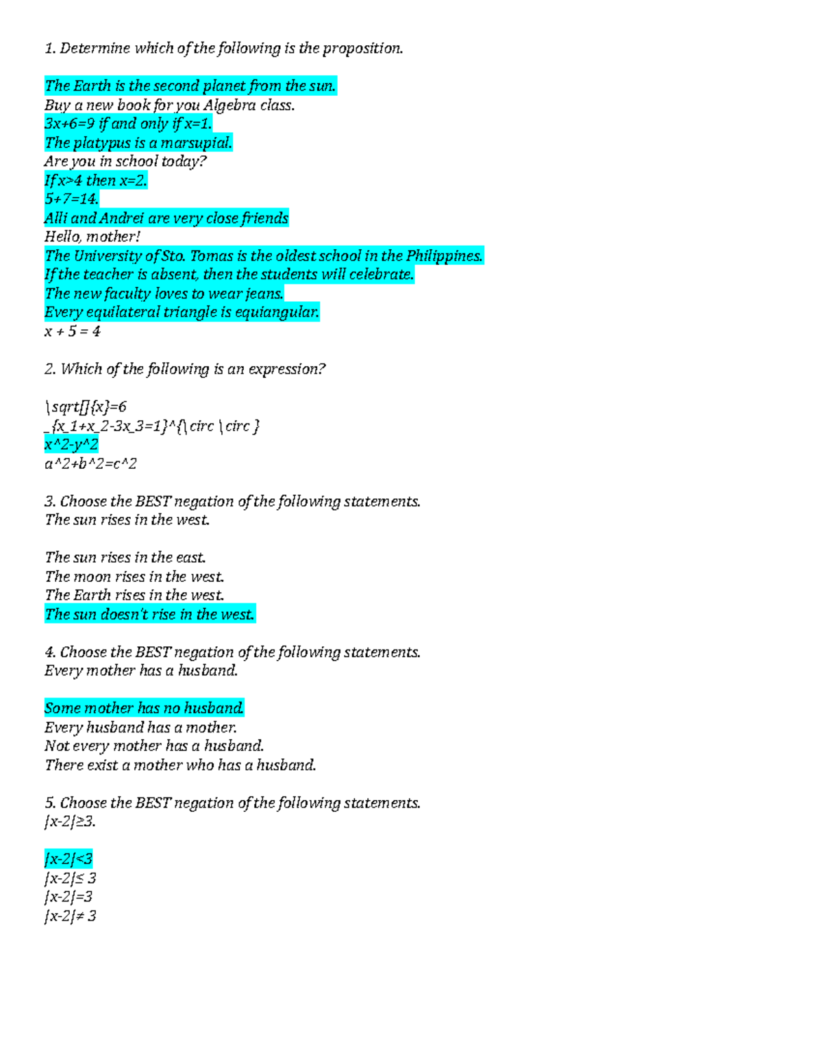 MMW Quiz - Propositions, Negations, and Statements Analysis - Studocu