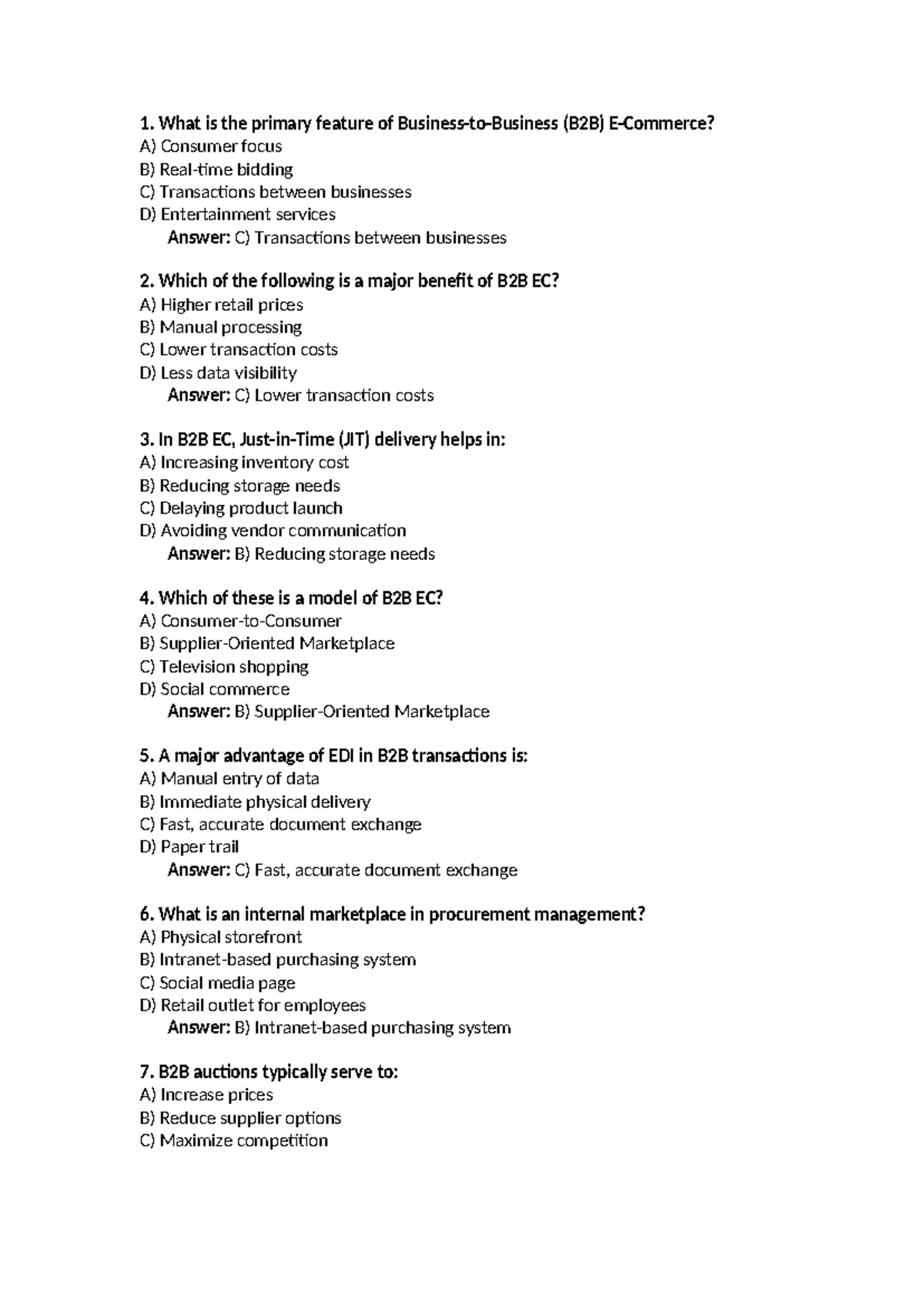 Unit 2 ECOM MCQ: Key Concepts in B2B Electronic Commerce - Studocu