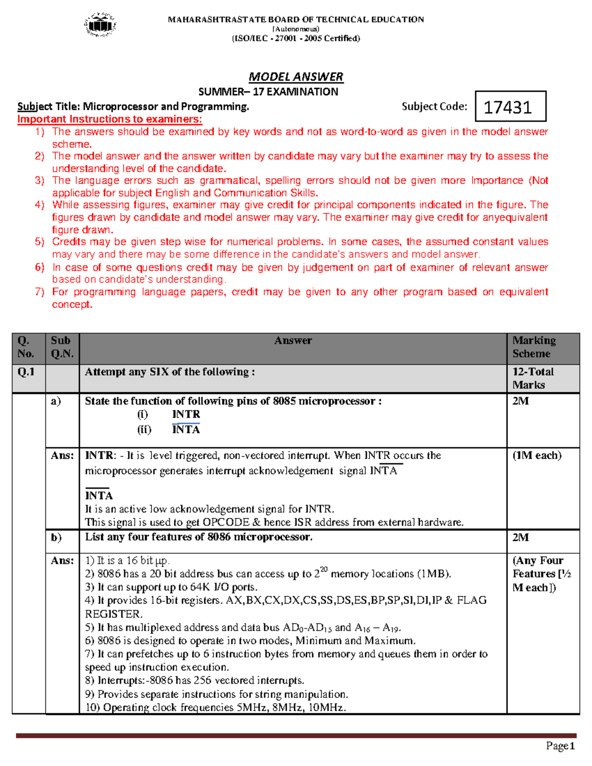 Microprocessor and Programming Model Answer - Subject Code: 17431 - Studocu