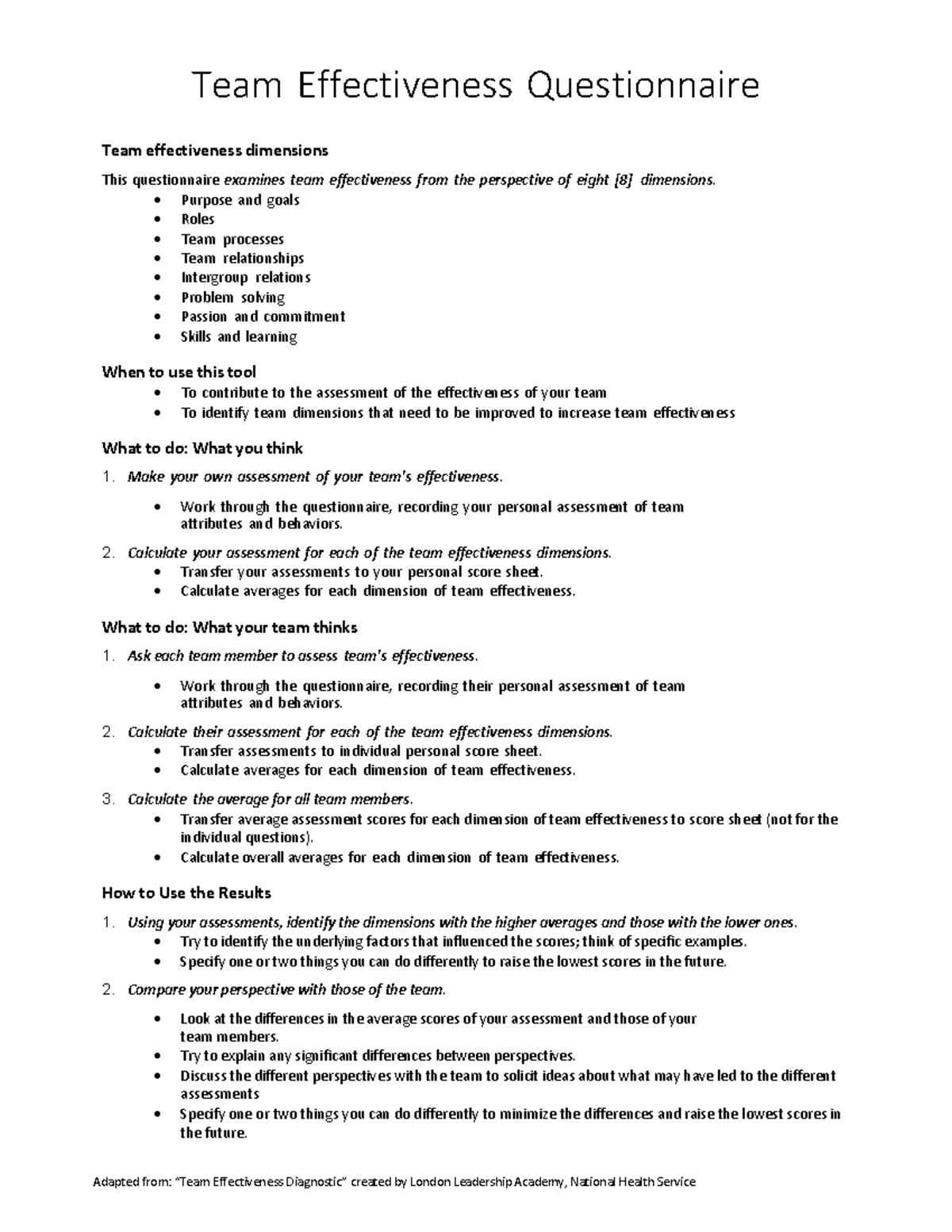 Team Effectiveness Questionnaire: Assessing 8 Key Dimensions - Studocu