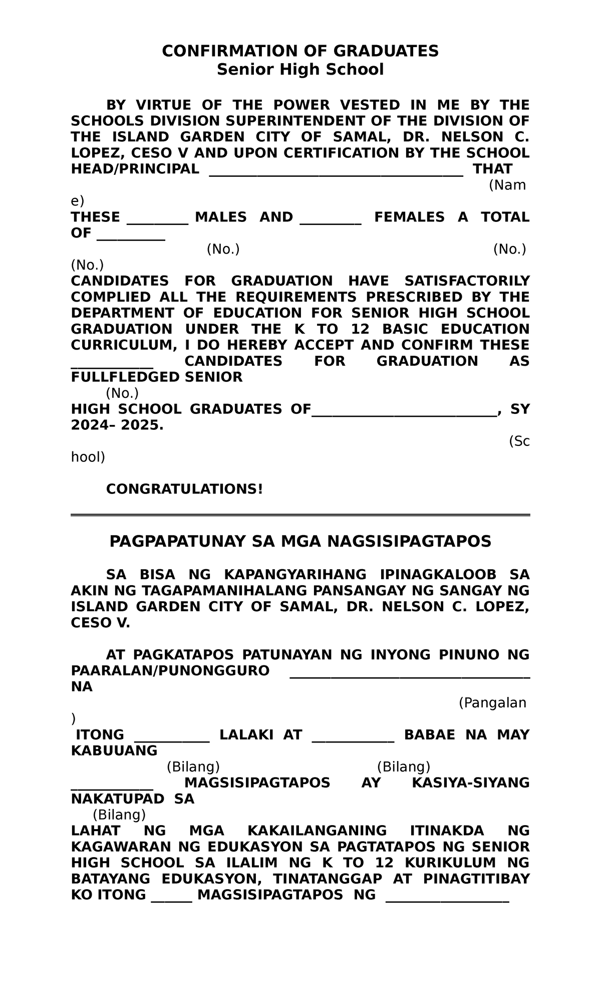 Confirmation of Graduates for SY 2024-2025: Senior & Junior High School ...