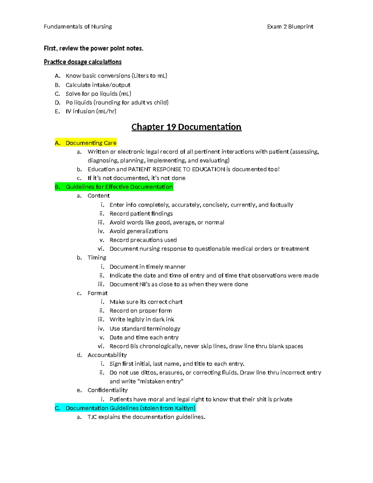 Fundies NURS 101 Exam II Study Guide and Key Documentation Notes - Studocu