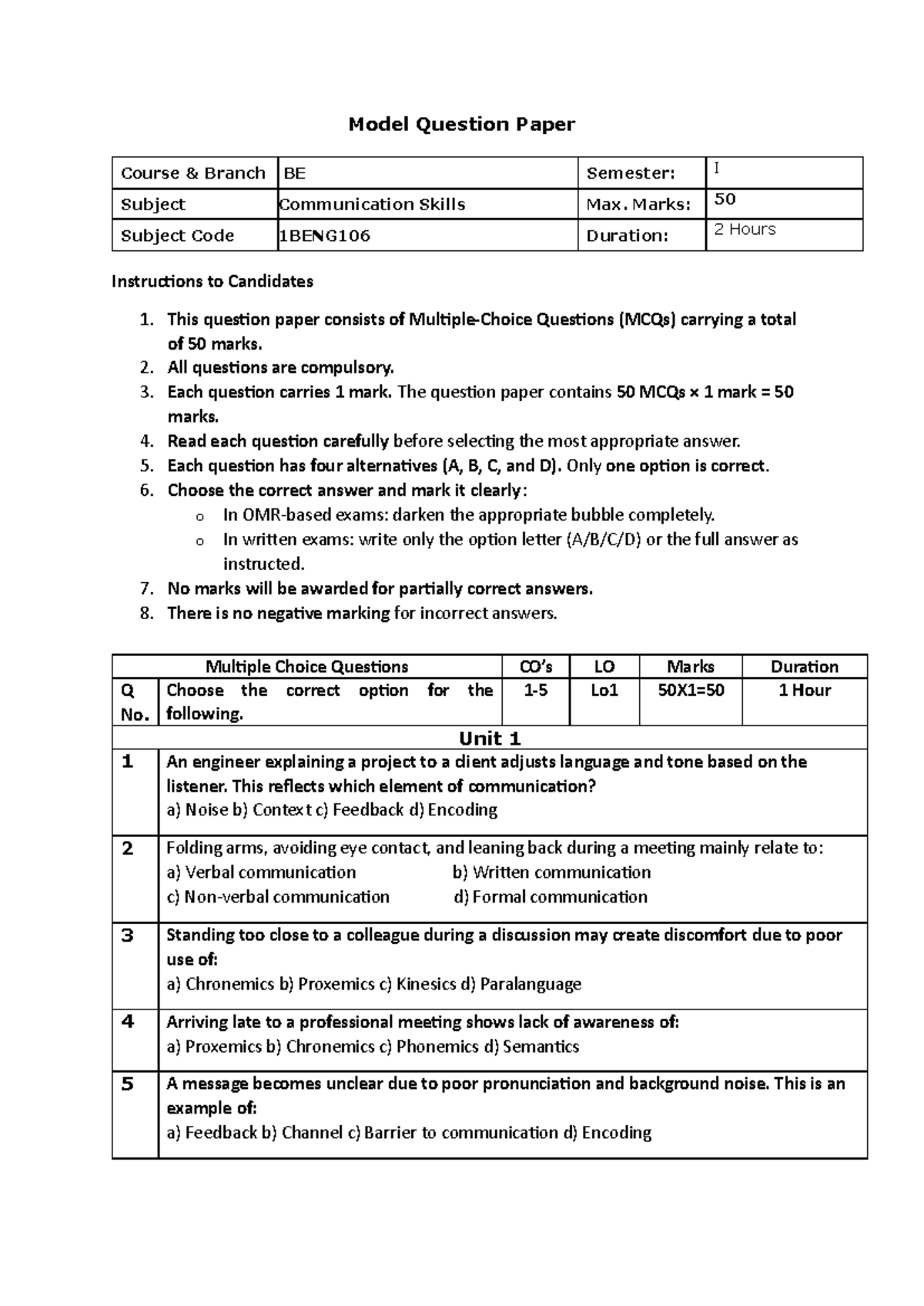 1BENG106 - Model Question Paper for Communication Skills Exam - Studocu