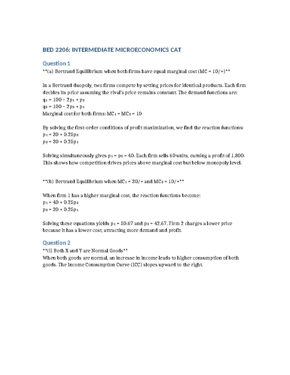 BED 2206: Intermediate Microeconomics CAT Answers by Mathew - Studocu