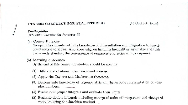 STA 2204: Calculus for Statistics II - Course Overview and Outcomes ...