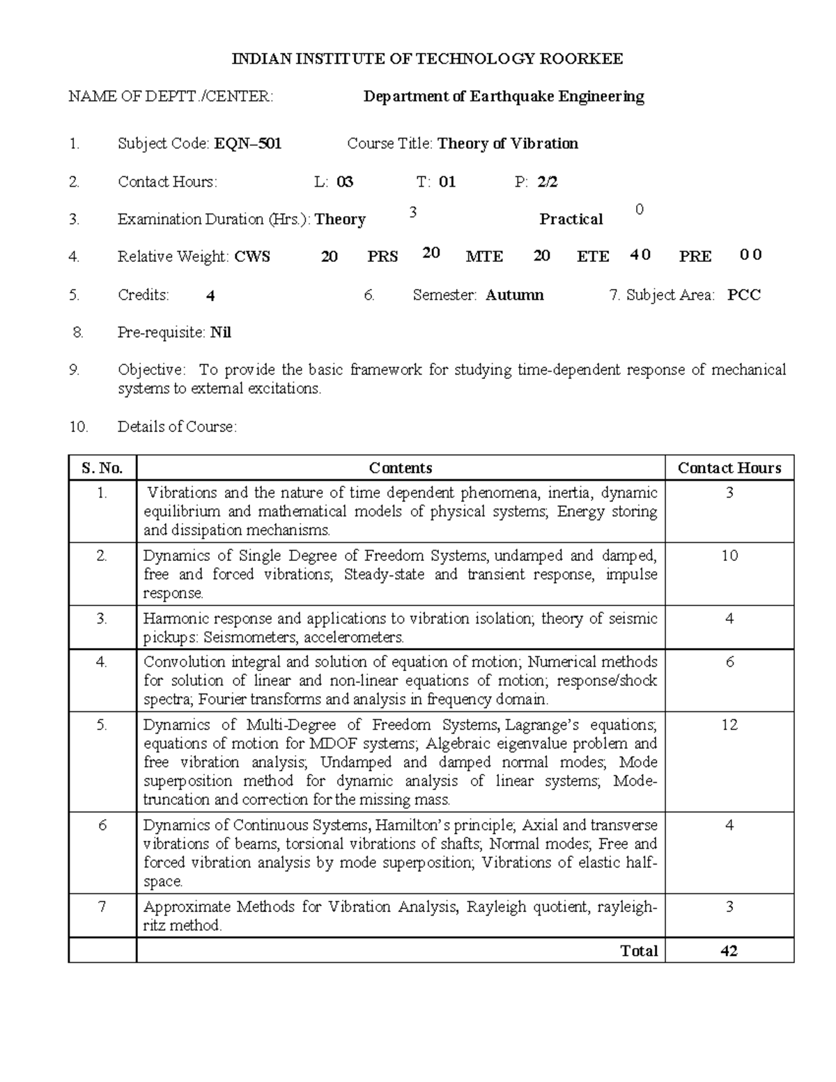 Theory of Vibration and Engineering Seismology Syllabus - EE 101 - Studocu