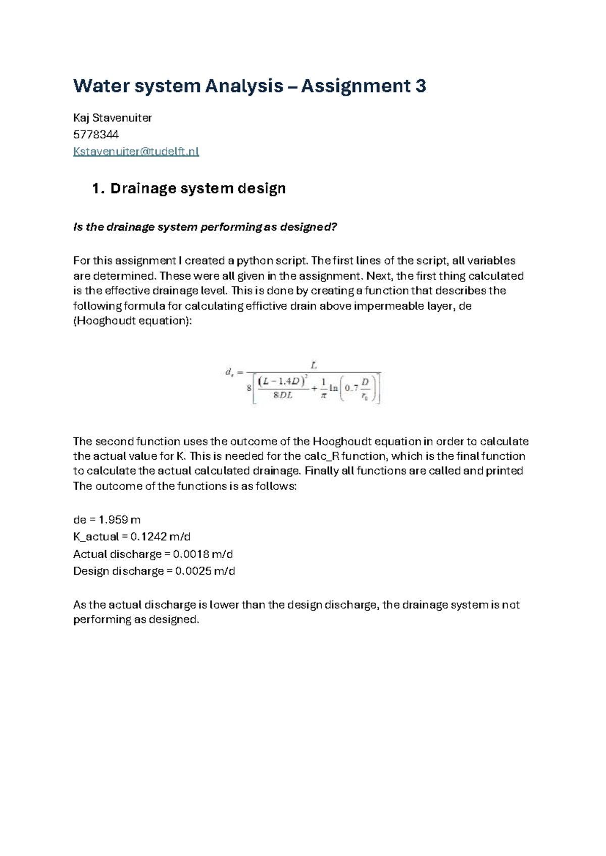 Water System Analysis - Assignment 3: Drainage & Groundwater ...