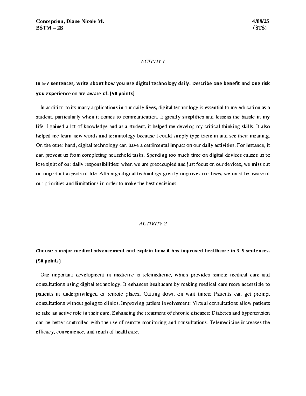 STS BSTM 2B activity 1 and 2: Digital technology in daily life and ...