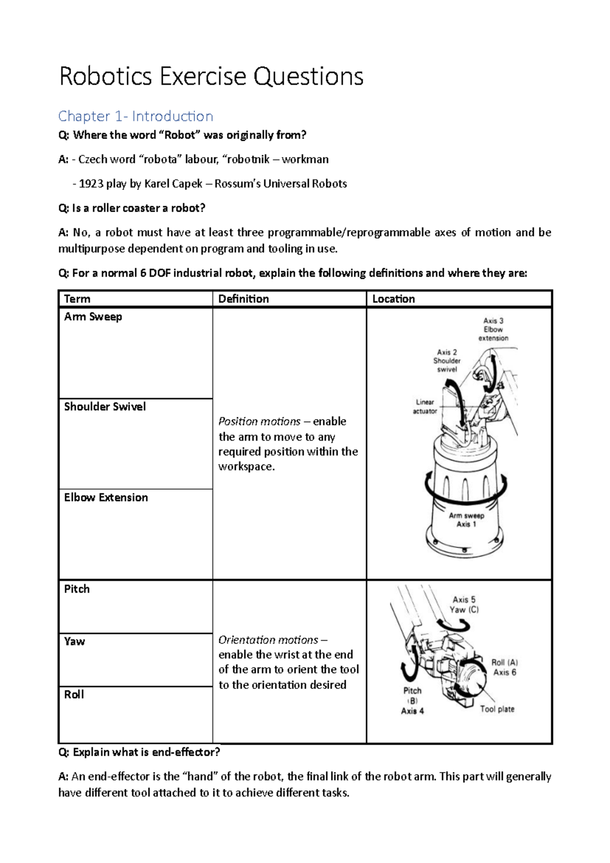 Robotics Exercise Questions - Robotics Exercise Questions Chapter 1 ...