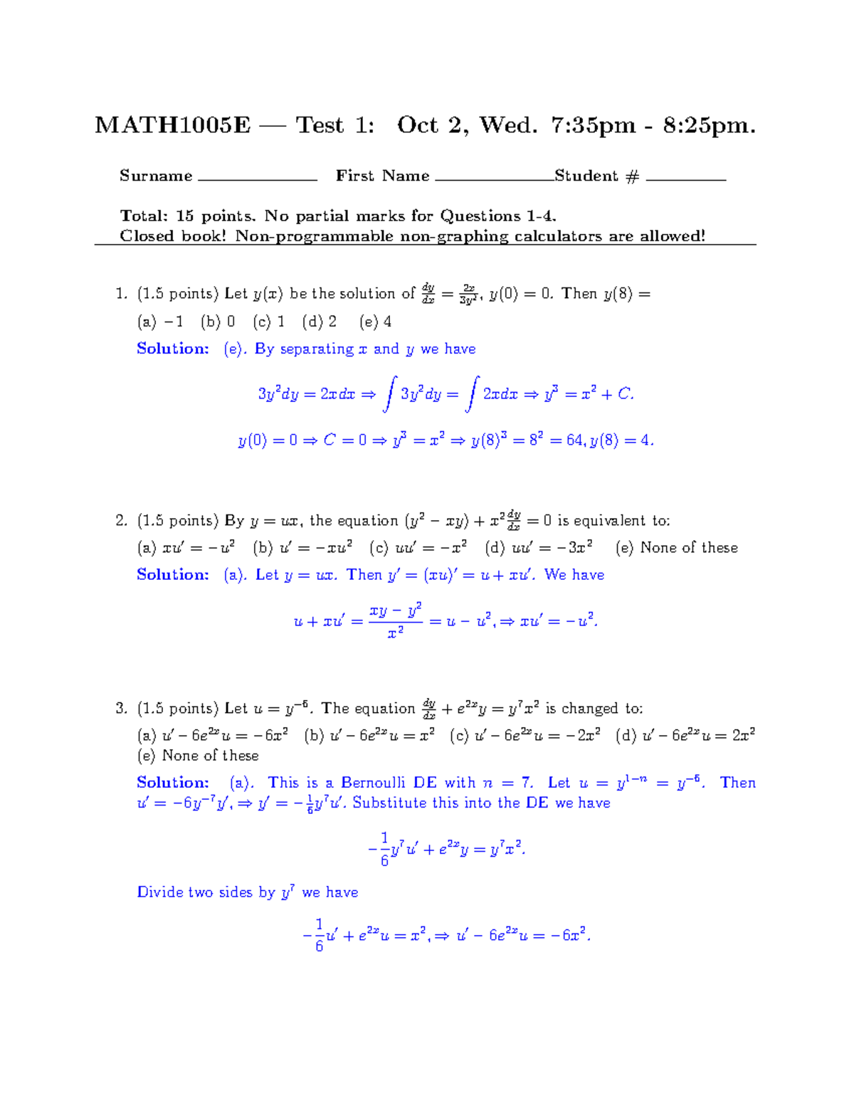 MATH1005 - test 1 solutions - MATH1005E — Test 1: Oct 2, Wed. 7:35pm ...