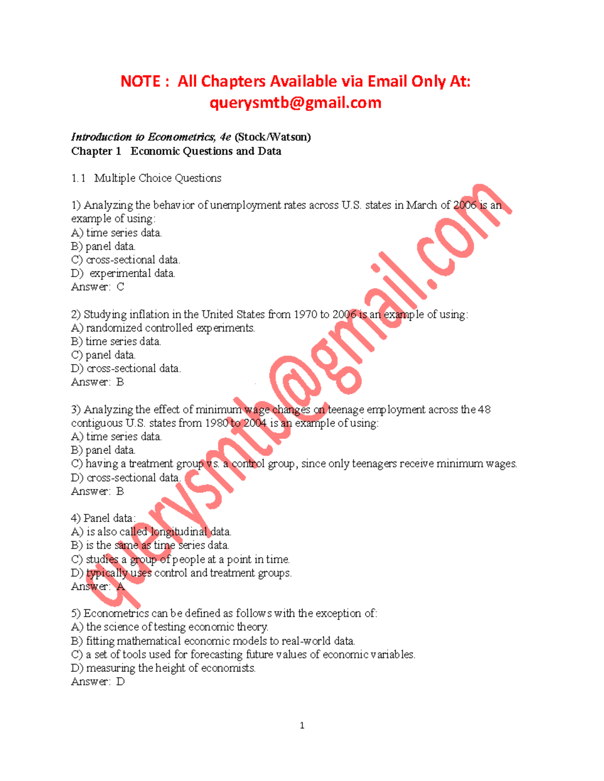 Test Bank for Intro to Econometrics (Stock, 4th Ed) - Ch 1 Solutions ...