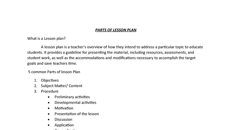 Parts of a lesson plan - sssnn - PARTS OF LESSON PLAN What is a Lesson ...