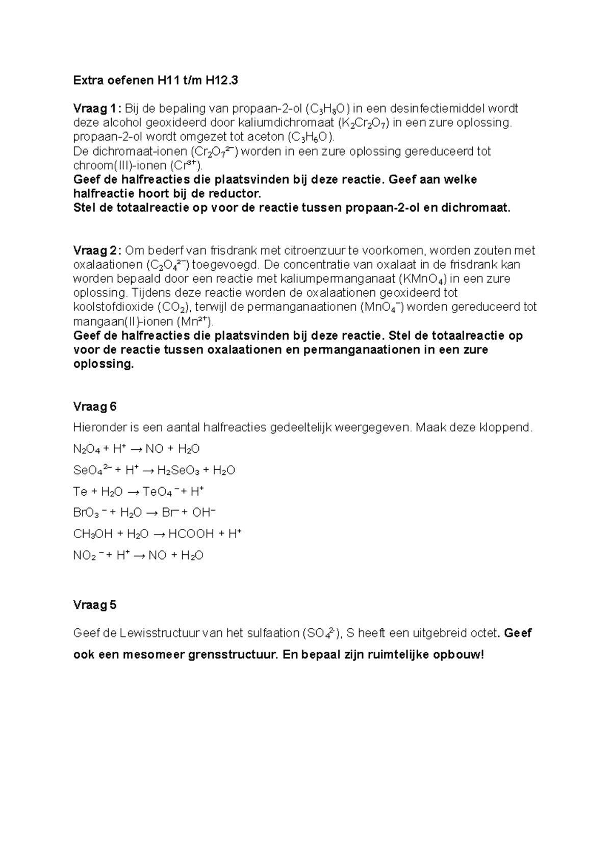Extra Oefenen H11 tm H12 met Antwoorden - Chemische Reacties en ...