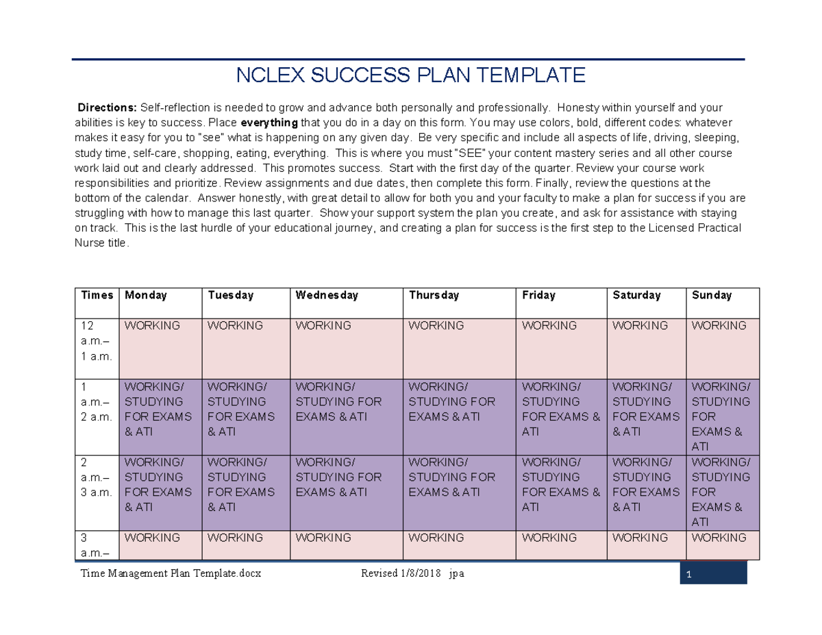 Nclex-PN success plan template for effective time management - Studocu