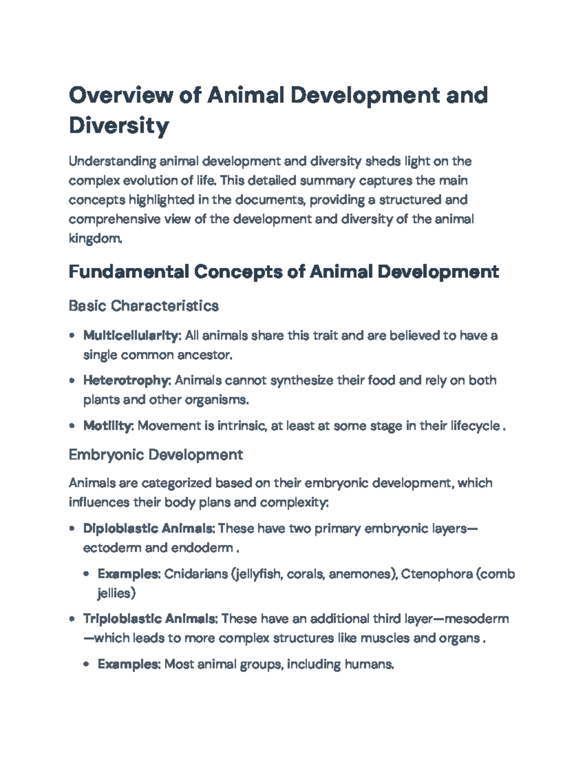 Overview of Animal Development and Diversity (Bio 101 Lecture Notes ...