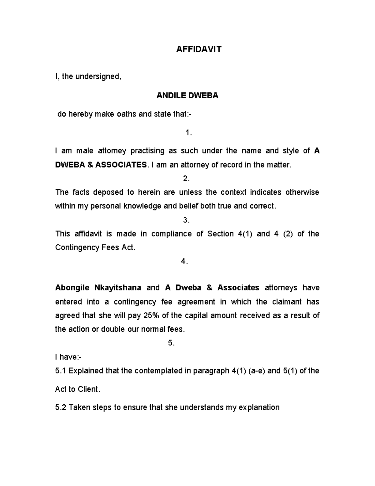 Contingency Attorney Affidavit by A Dweba Associates - Studocu