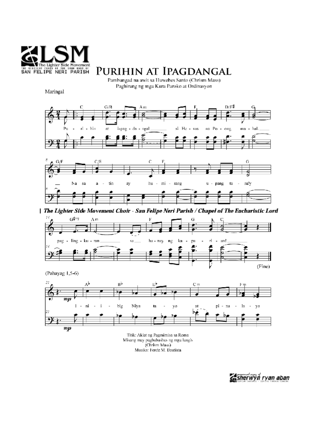 LSM Ordination Repertoire for the 10AM Mass at San Felipe Neri Parish ...