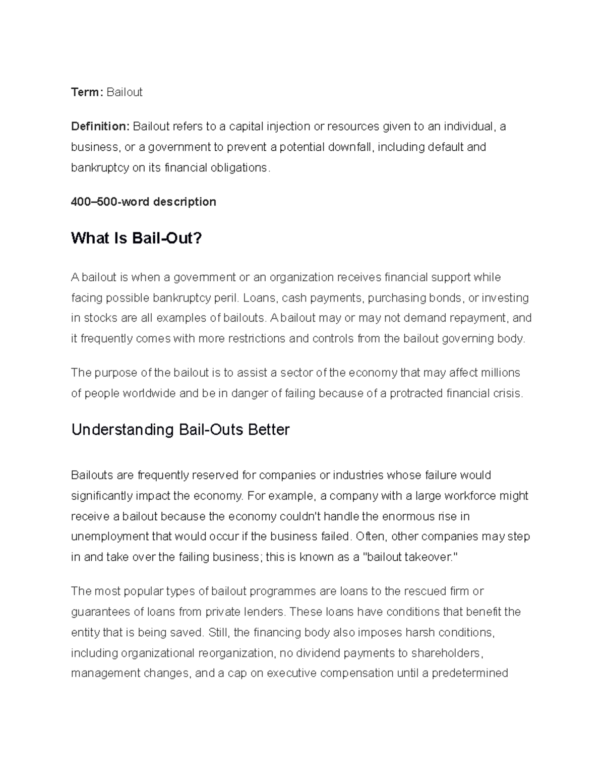 #Bailout 101 - Essay on Financial Bailouts and Their Impacts - Studocu