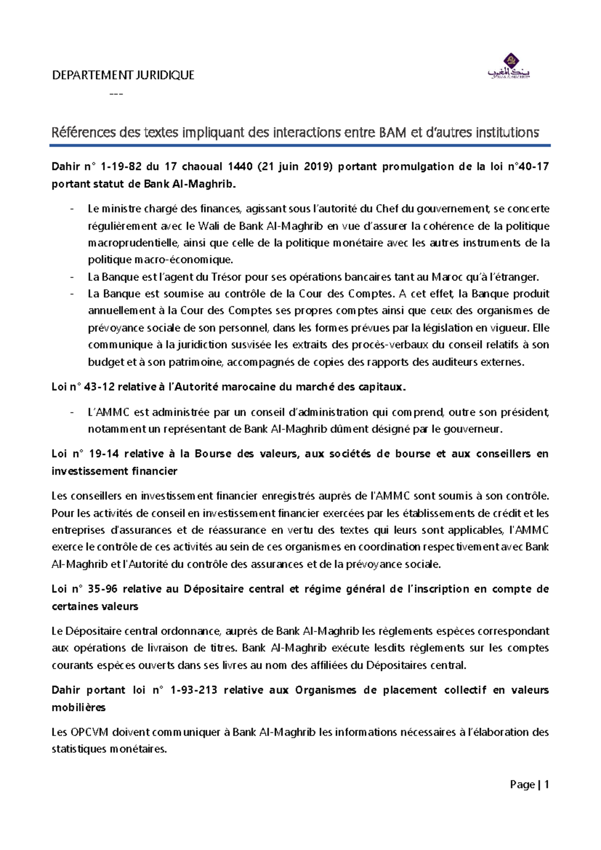 Références des Textes Législatifs entre BAM et Institutions - Studocu