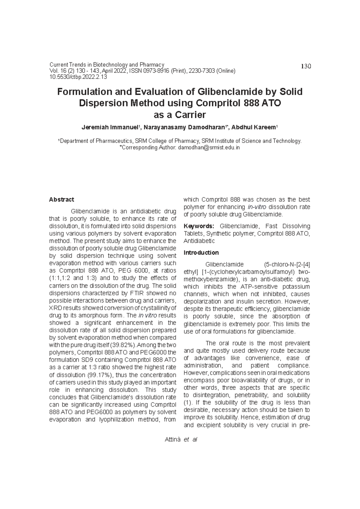 Formulation and Evaluation of Glibenclamide Solid Dispersion (PHR 2022 ...