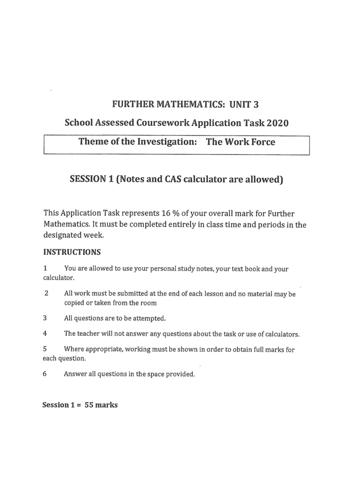 Further Mathematics: Unit 3 SAC1 2020 - Workforce Investigation ...