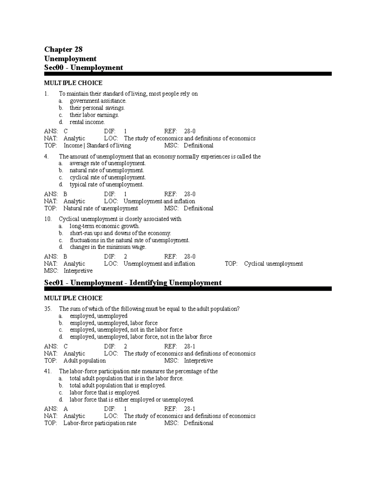 Ch.28-Unemployment Multiple Choice Questions and Answers - Studocu