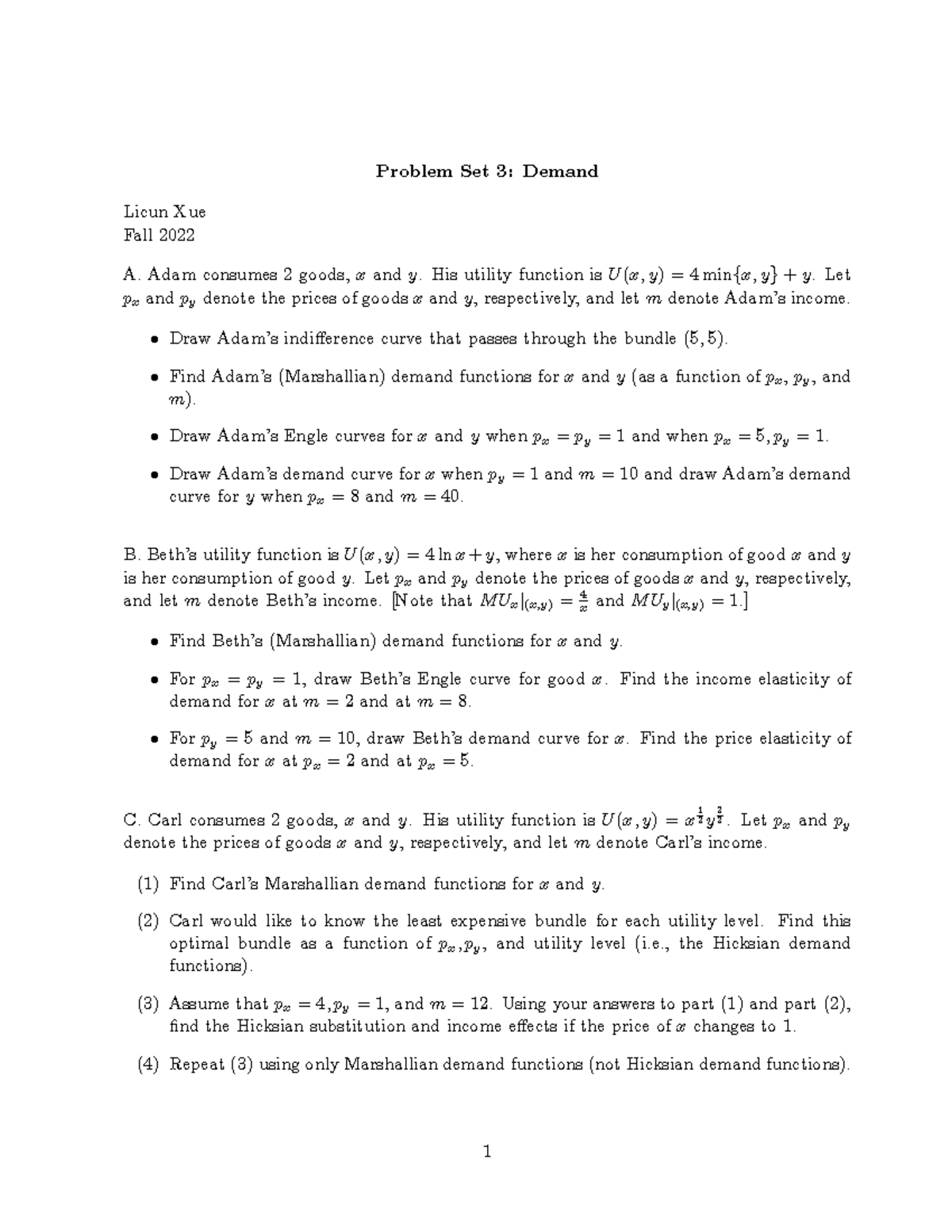 Problem Set 3 - Demand Analysis in Microeconomics (Fall 2022) - Studocu