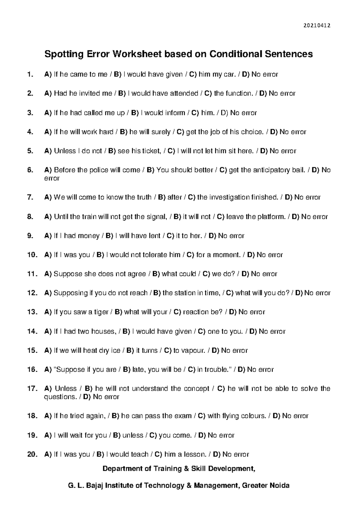 Spotting Errors in Conditional Sentences Worksheet (20210412) - Studocu