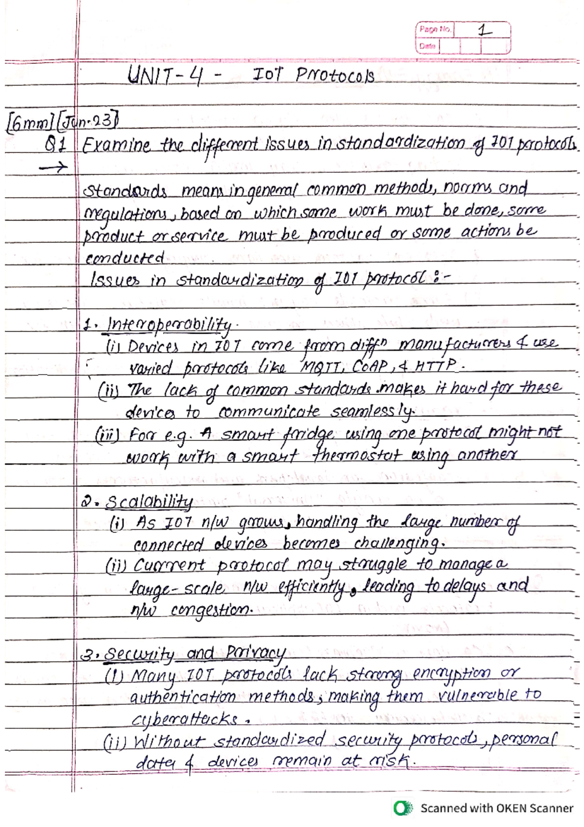 Iotes unit 4 ms - UNITE NOTES - Page No. 1 Date IOT PNOTOCOLS Q1 ...