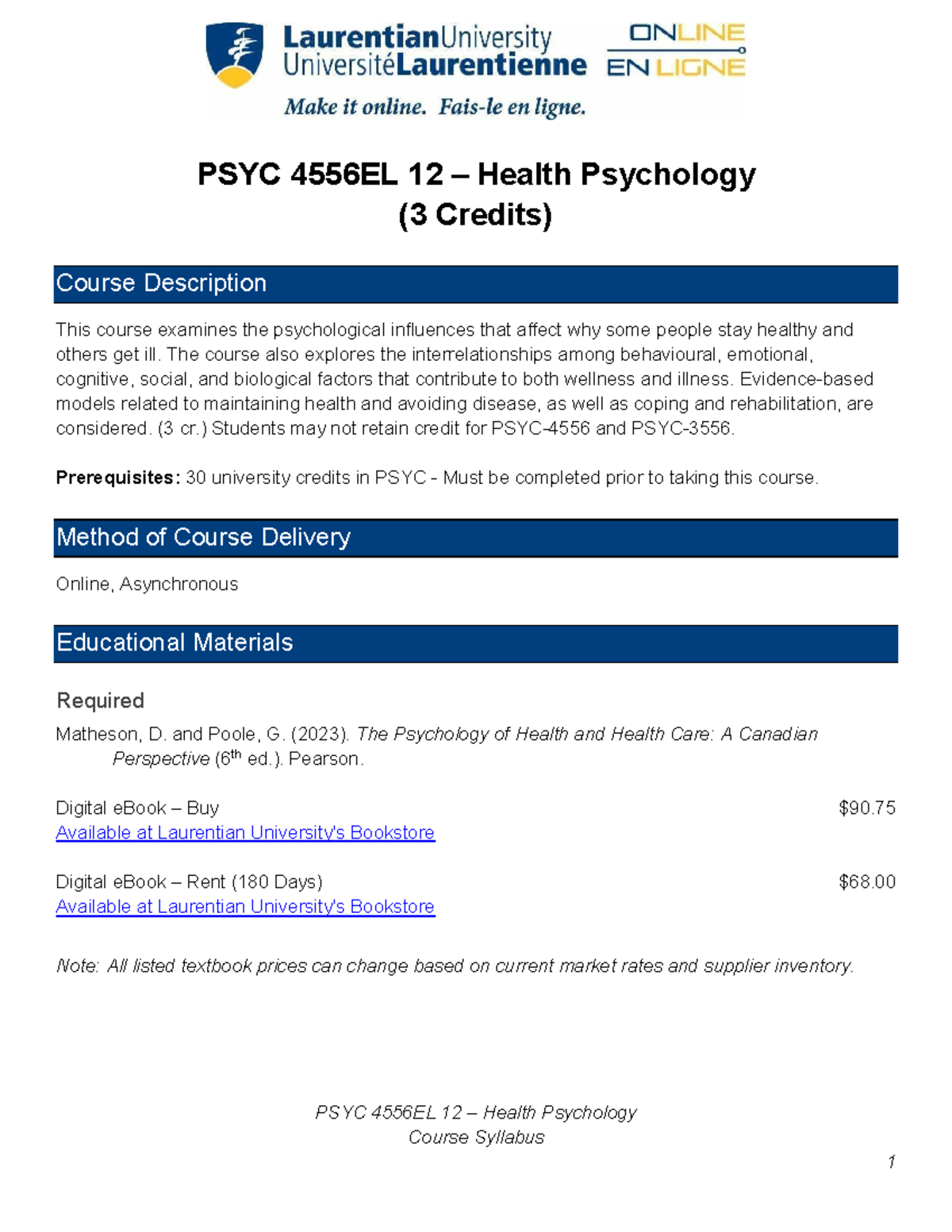 PSYC 4556EL 12 Health Psychology Course Syllabus (2026 Winter