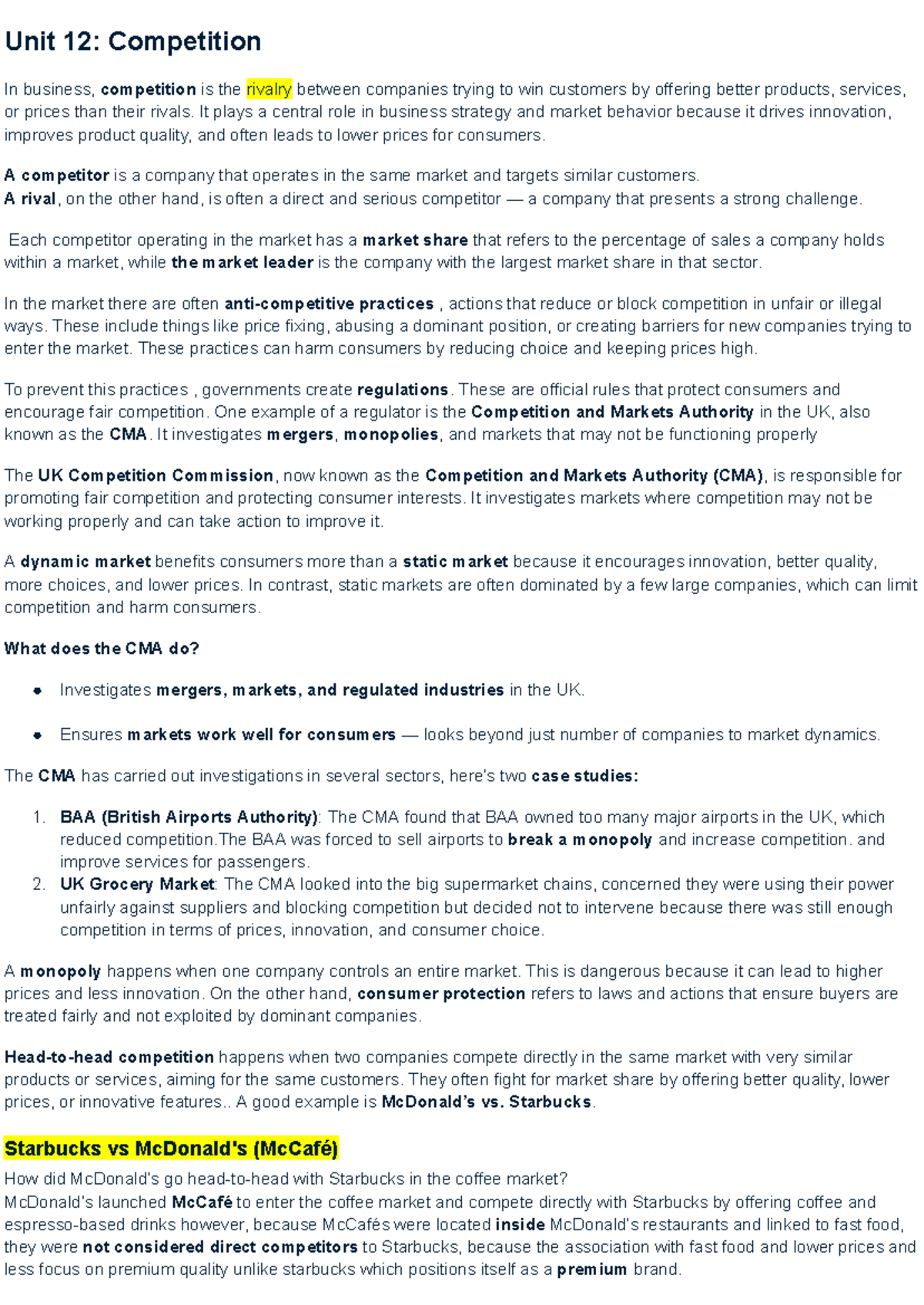Unit 12: Competition in Business - Notes for Oral Exam - Studocu