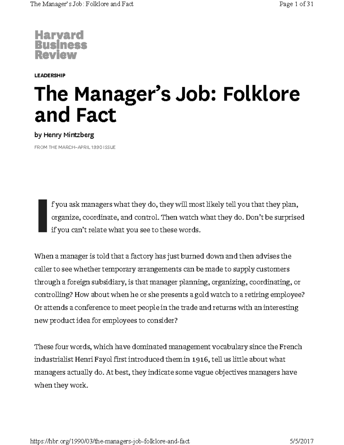 HBR 1990: The Manager's Job - Folklore vs. Fact Analysis - Studocu
