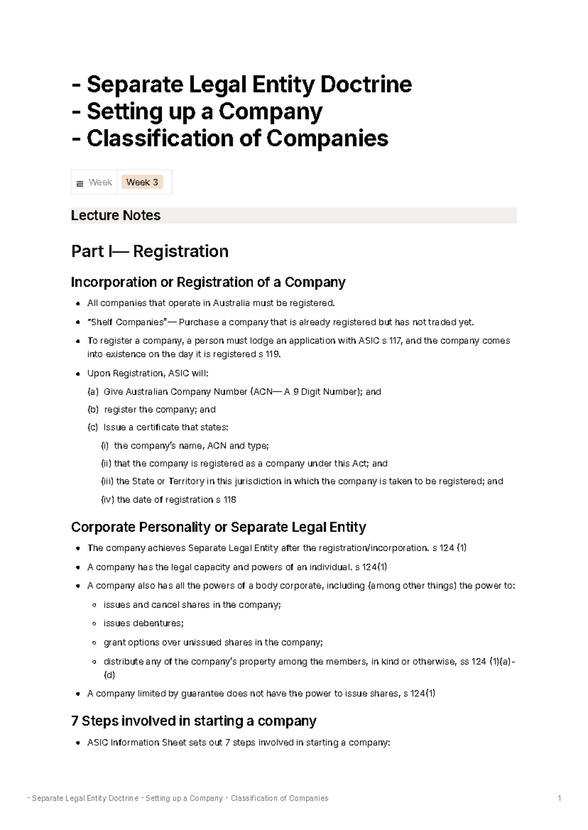 Separate Legal Entity Doctrine: Week 3 Lecture Notes (LAW101) - Studocu