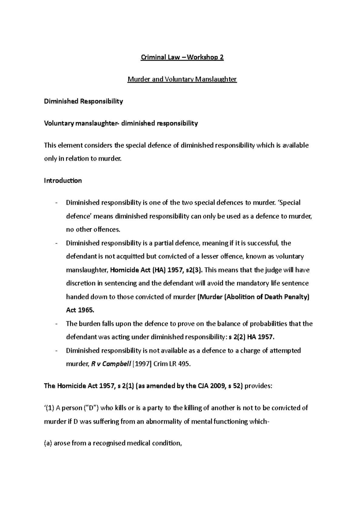 Criminal Law - W2 - Lecture Notes on Diminished Responsibility & Loss ...