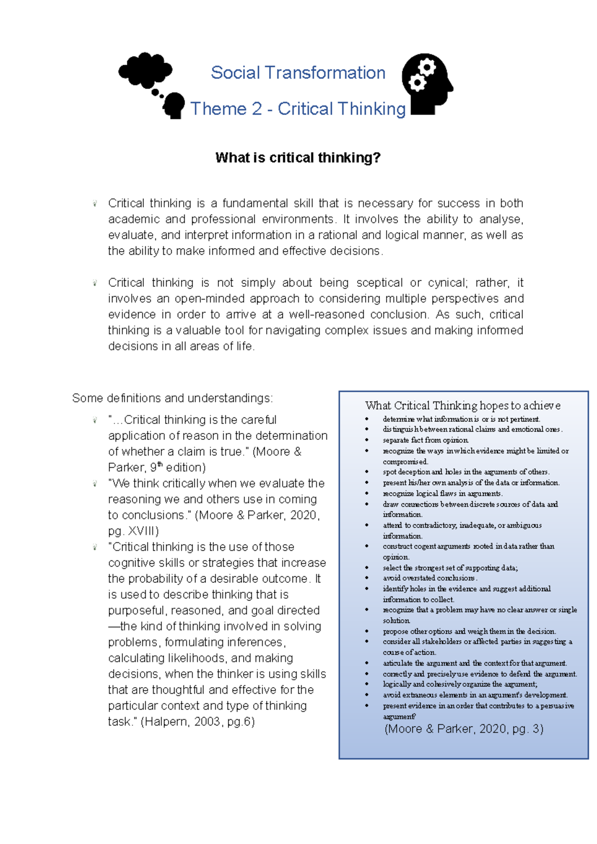 STF 2nd Theme: Embracing Critical Thinking Skills for Success - Studocu