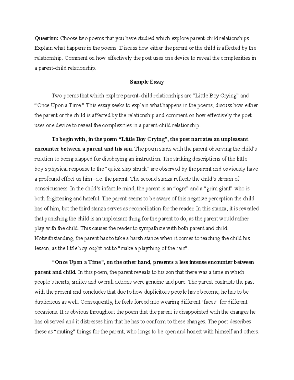 ENG 202 - Comparative Essay on Parent-Child Relationships in Poetry ...