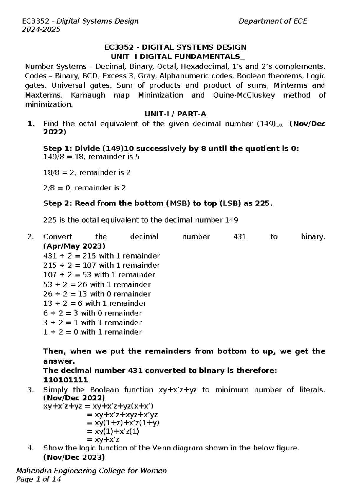 **EC3352 Digital Systems Design Question Bank - Updated 2024** - Studocu