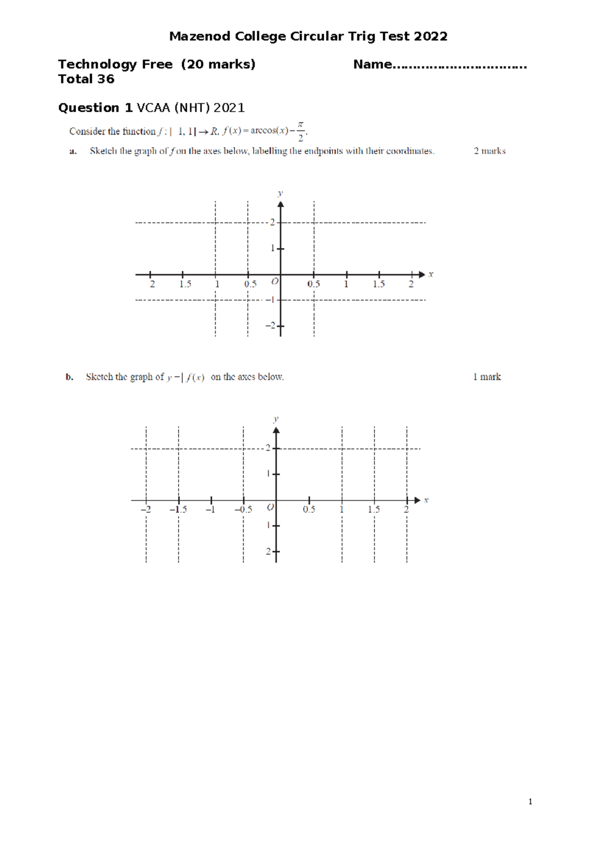 Circular Trig Test 2022 (20 Marks) - Mazenod College Exam Questions ...