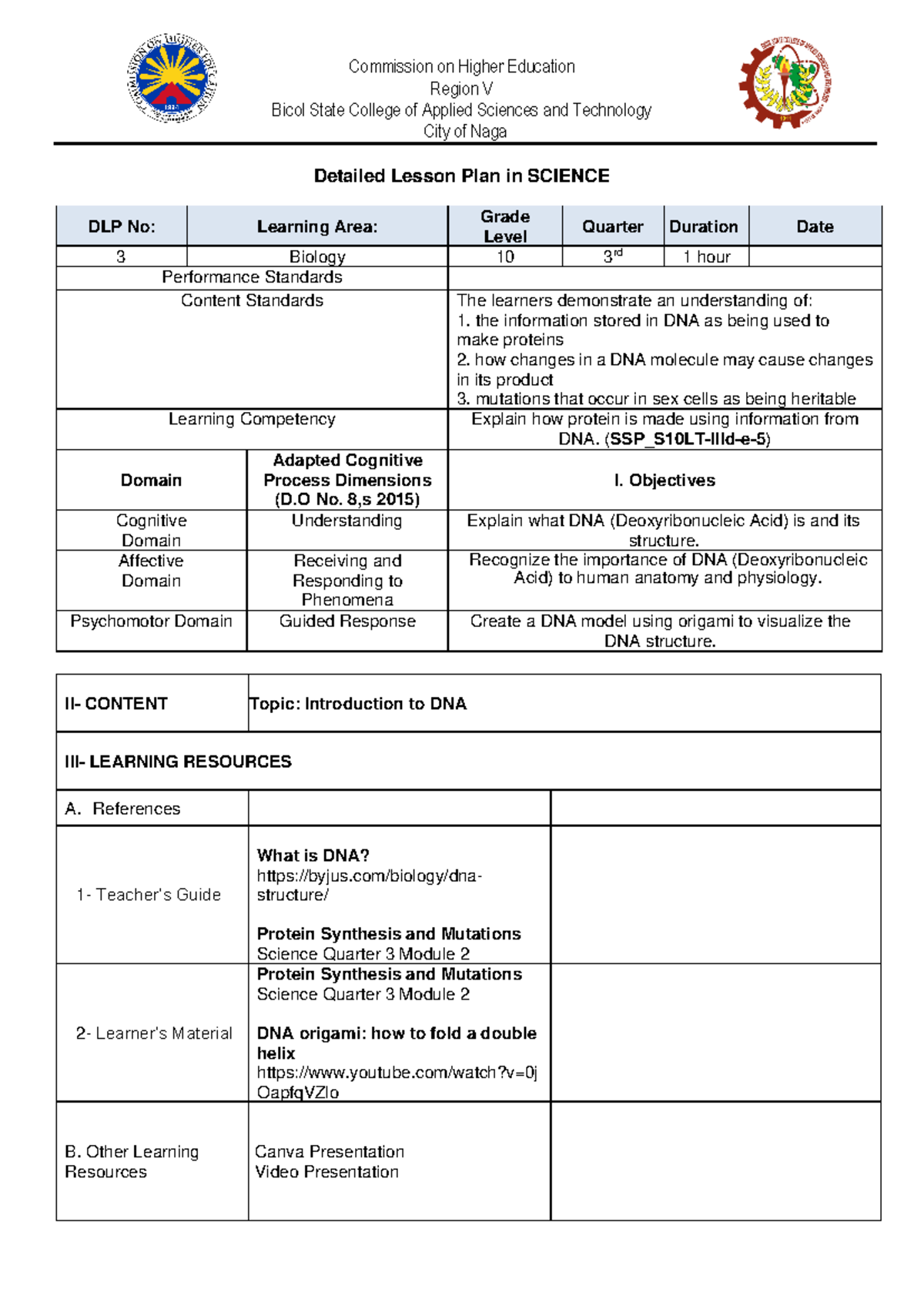 DLP - Intro to DNA: Detailed Lesson Plan for Grade 10 Biology - Studocu