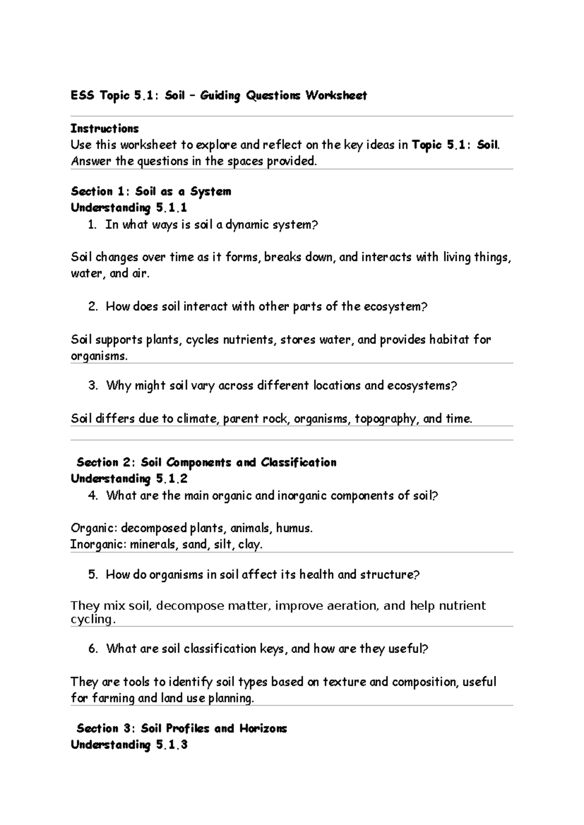 ESS 5.1: Soil Guiding Questions Worksheet and Reflections - Studocu