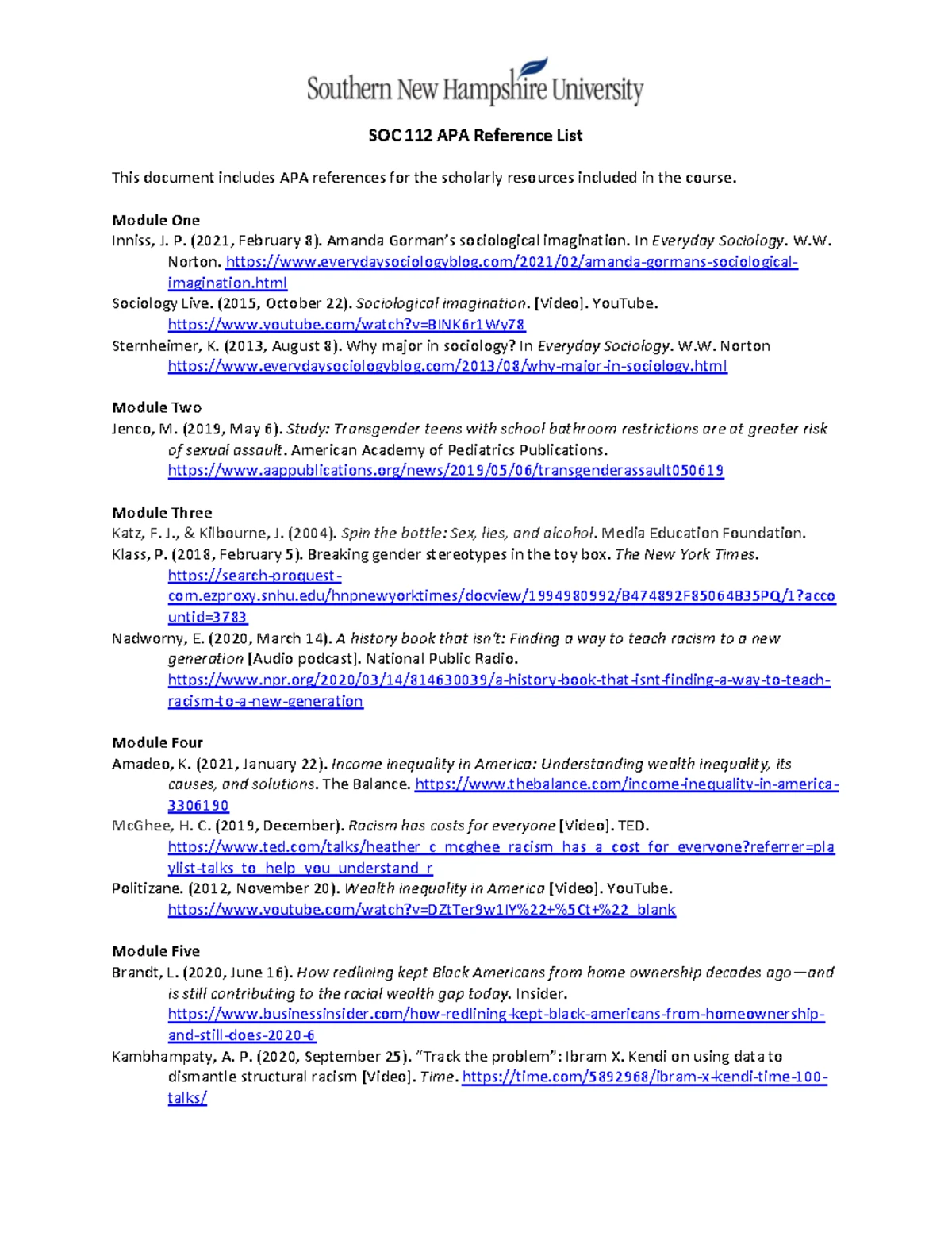 SOC 112 Comprehensive APA Reference List for Course Materials - Studocu