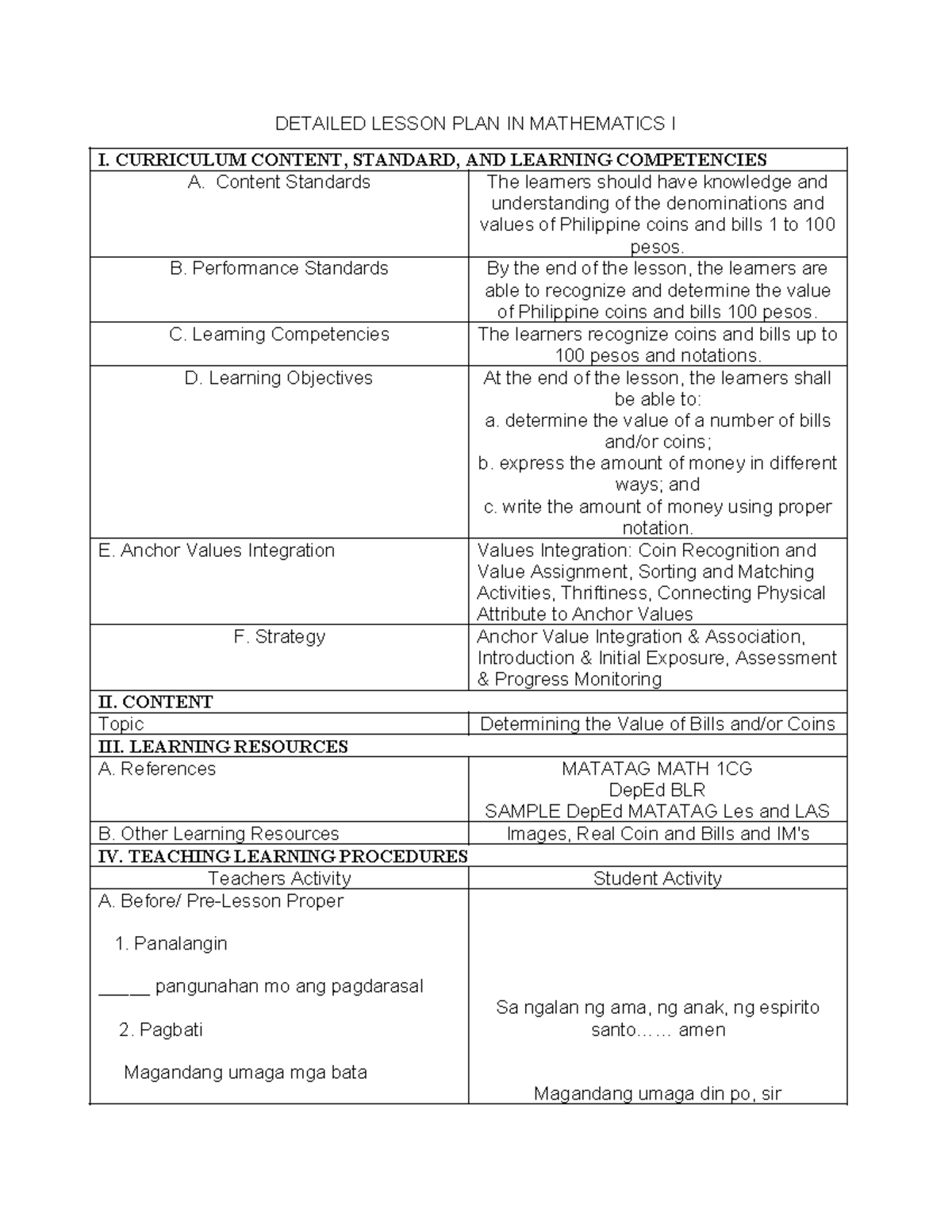 Detailed Lesson Plan in Mathematics I: Coin Value Recognition - Studocu