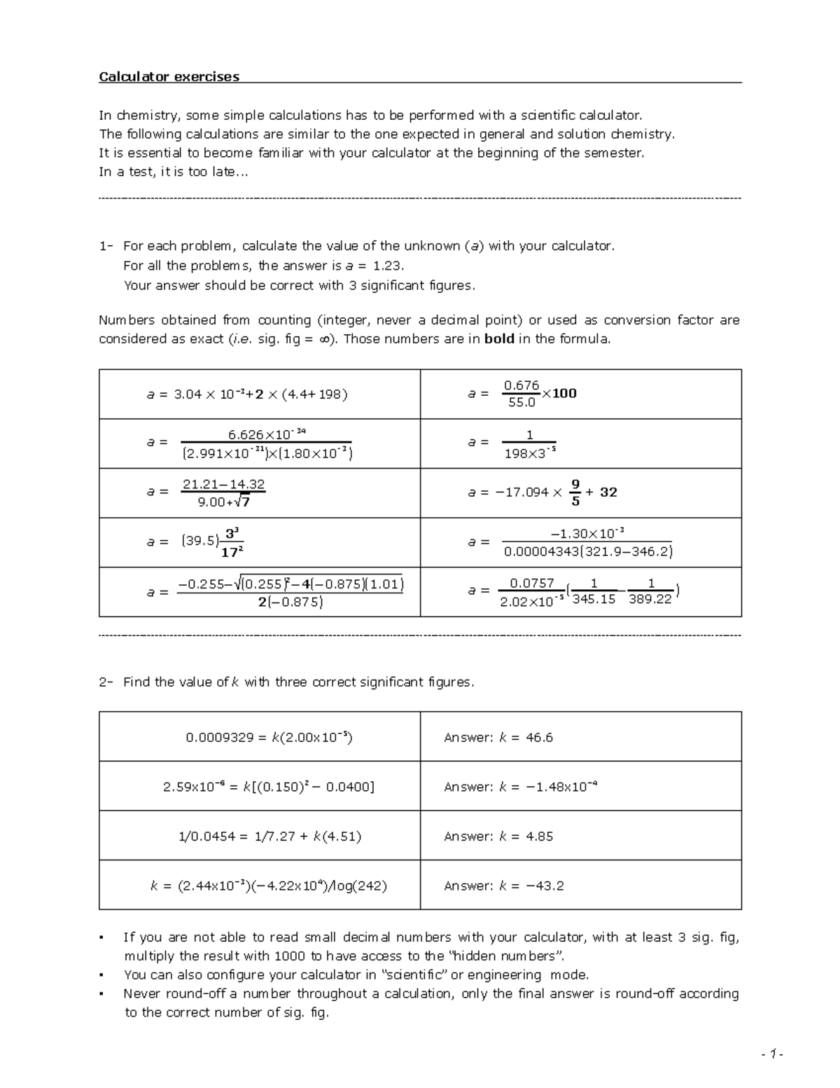 Chemistry 101: Scientific Calculator Exercises and Practice - Studocu