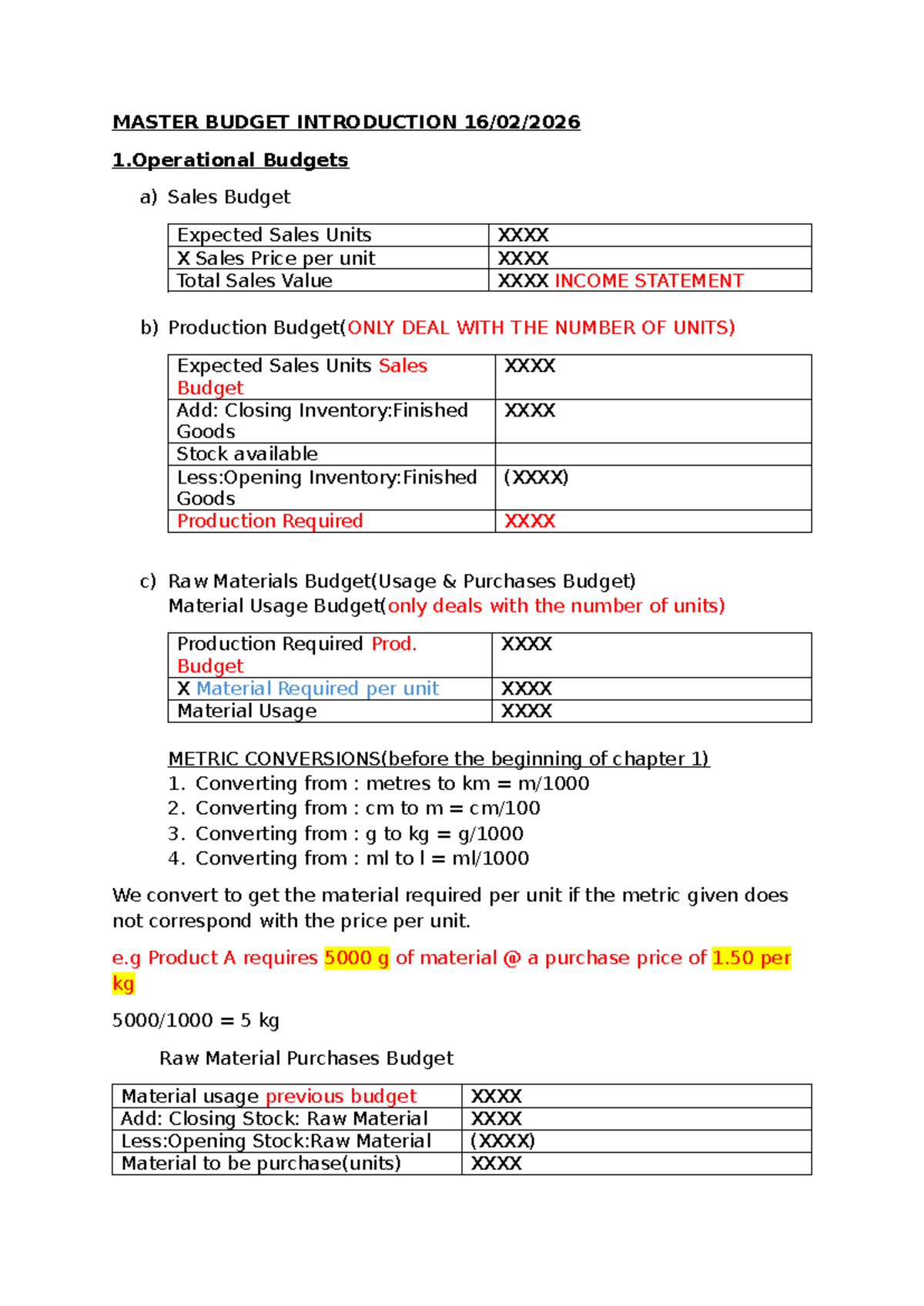 MASTER BUDGET FORMATS: OPERATIONAL BUDGETS OVERVIEW - Studocu
